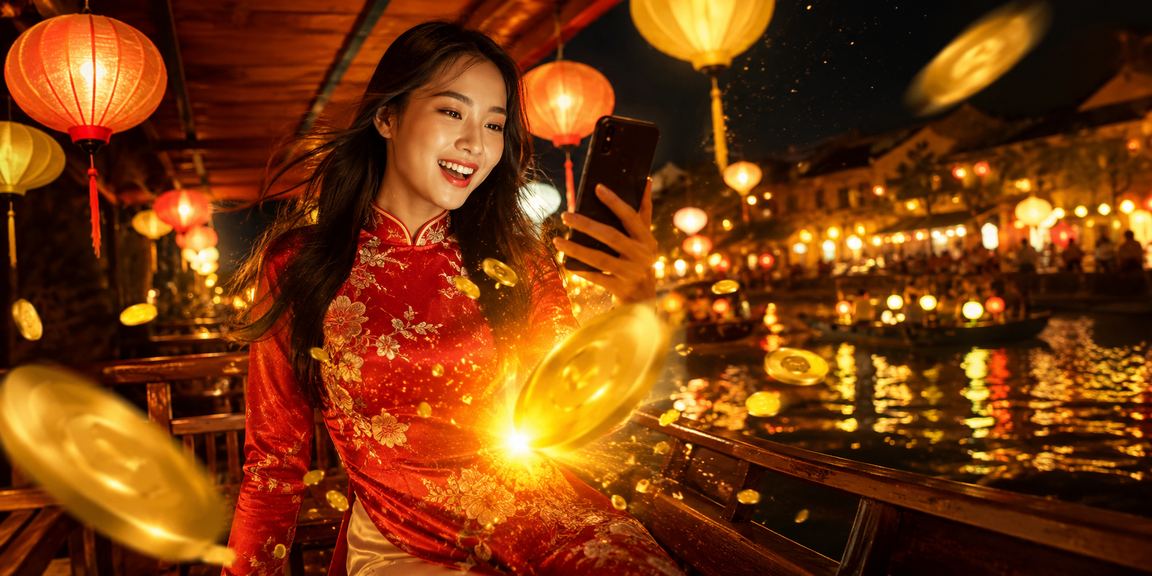Người dùng tại Hà Nội truy cập nền tảng sxkg trên điện thoại di động ban đêm dưới ánh đèn lồng